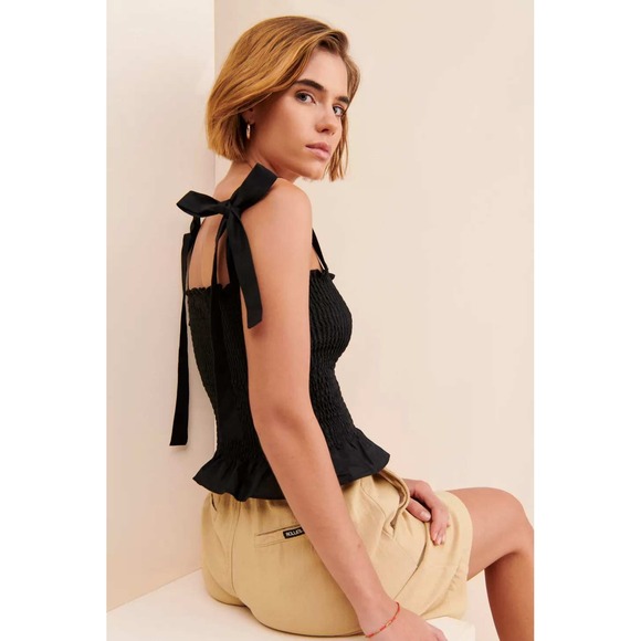 Kourt Tops - Kourt Black Smocked Linen Blend Tie Shoulder Peplum Little Black Top XS‎